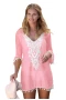 Carnation Pink Crochet Insert  Pom Pom Trim Tunic Cover Up Dress 